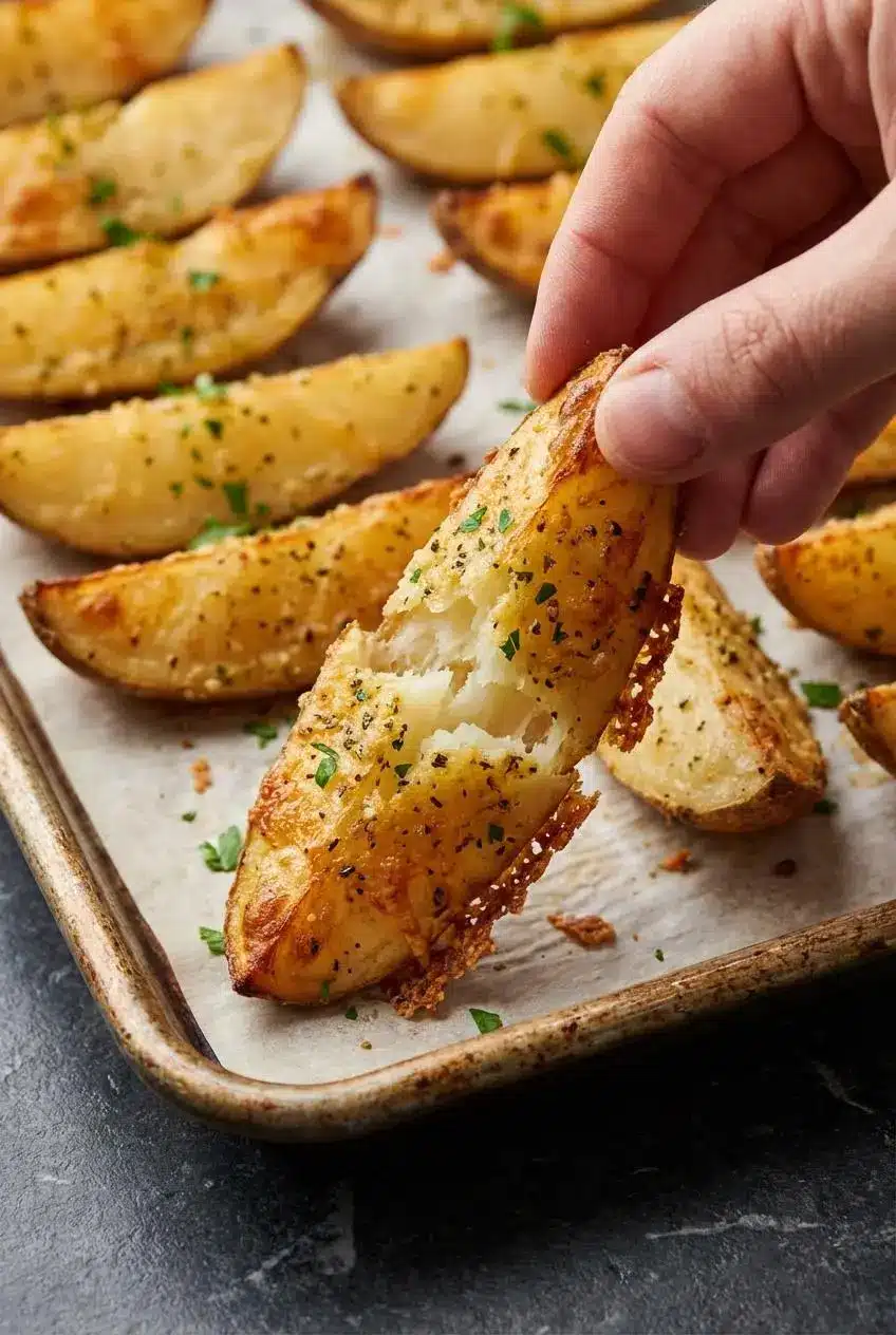 Potato wedges coated in seasoning, spread in a single layer on a parchment-lined baking sheet before making Crispy Garlic Parmesan Potato Wedges.