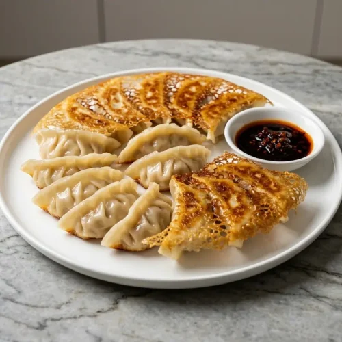A pan-fried potstickers recipe where the dumplings are connected by a lacy, golden-brown crispy skirt and served with dipping sauce.