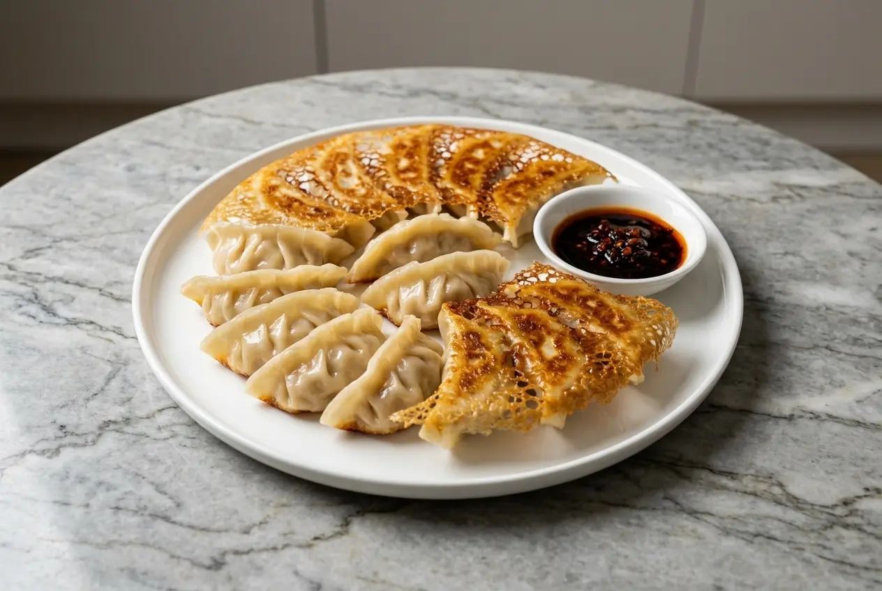 A pan-fried potstickers recipe where the dumplings are connected by a lacy, golden-brown crispy skirt and served with dipping sauce.