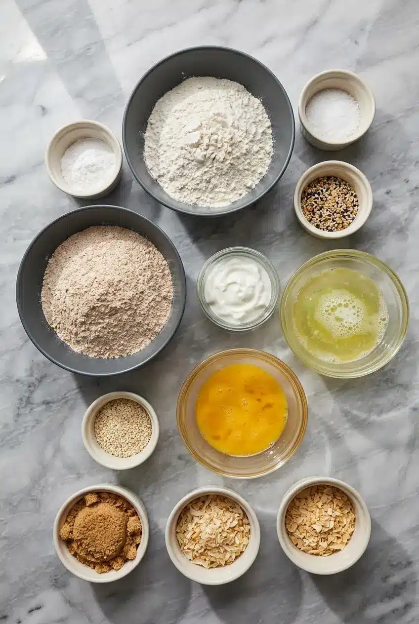 Ingredients for air fryer protein bagels laid out, including Greek yogurt, self-rising flour, and vital wheat gluten.