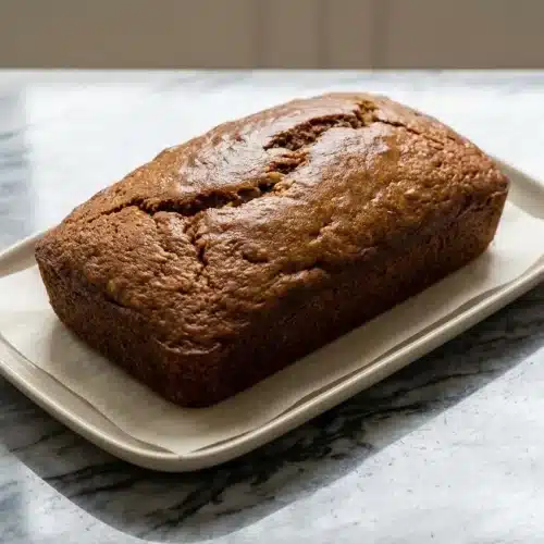 A golden-brown loaf of Protein Banana Bread, sliced to show its moist crumb made rich with Greek yogurt and brown butter.