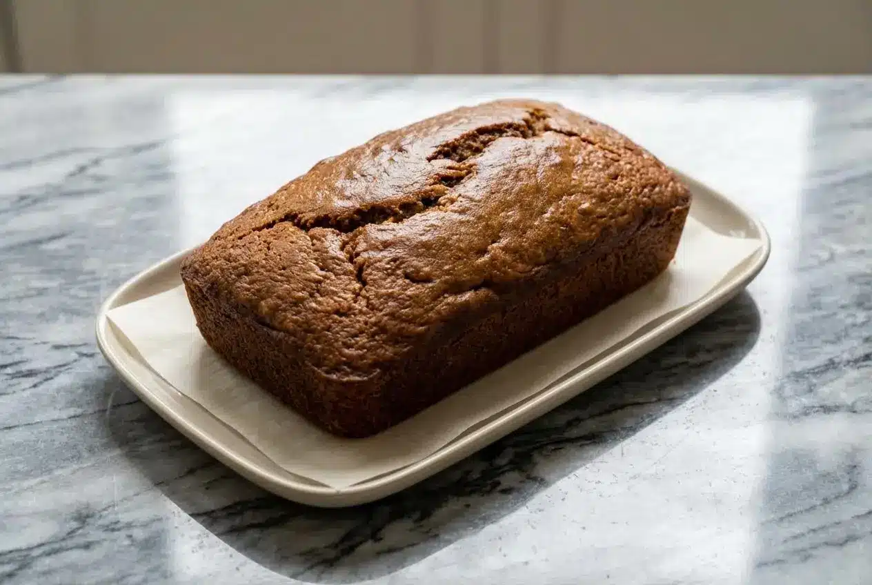 A golden-brown loaf of Protein Banana Bread, sliced to show its moist crumb made rich with Greek yogurt and brown butter.
