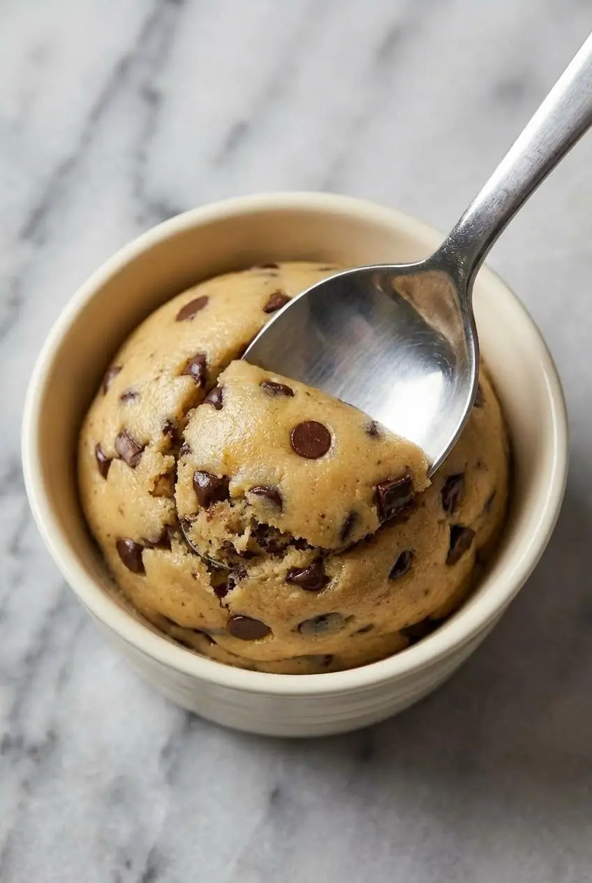 A close-up spoon scoop revealing the smooth, rich texture of the edible protein cookie dough recipe.