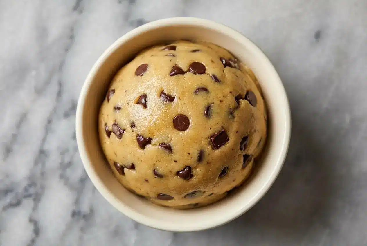 A scoopable bowl of protein cookie dough recipe made with rich browned butter and toasted oat flour, dotted with chocolate chips.