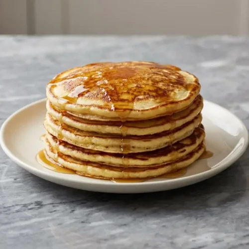 A stack of golden protein cottage cheese pancakes, fried in nutty browned butter and topped with a drizzle of maple syrup and berries.