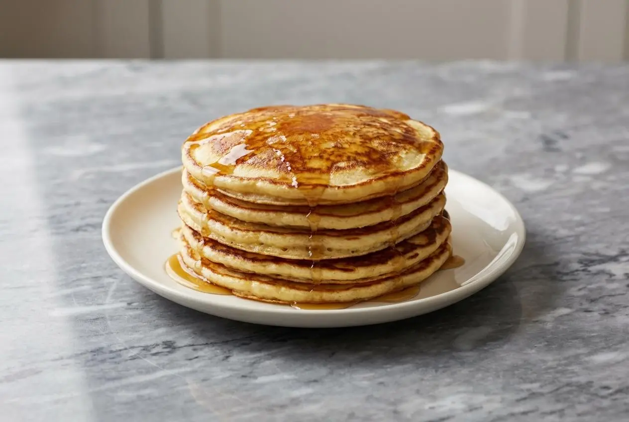 A stack of golden protein cottage cheese pancakes, fried in nutty browned butter and topped with a drizzle of maple syrup and berries.