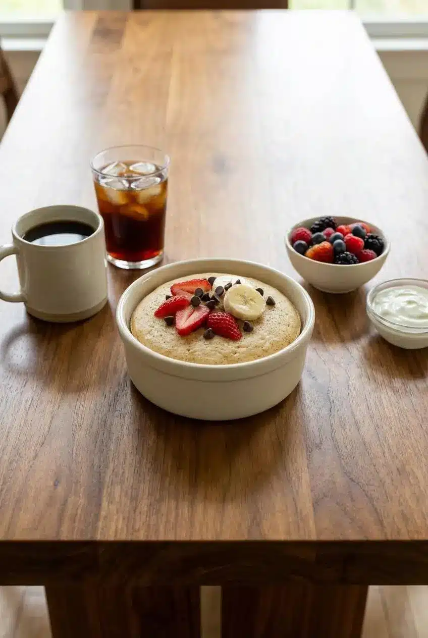 A finished protein pancake bowl sitting on a kitchen counter next to a cup of coffee, ready for a quick meal prep breakfast.