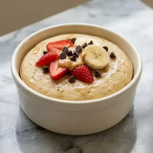 A golden-brown baked protein pancake bowl topped with fresh berries, made with blended cottage cheese for a tender, high-protein crumb.