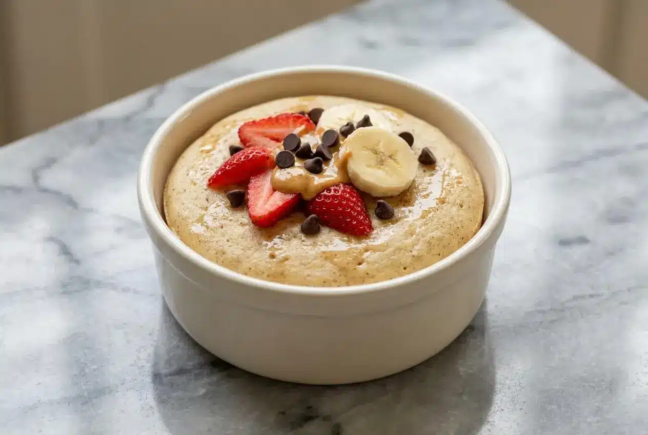 A golden-brown baked protein pancake bowl topped with fresh berries, made with blended cottage cheese for a tender, high-protein crumb.