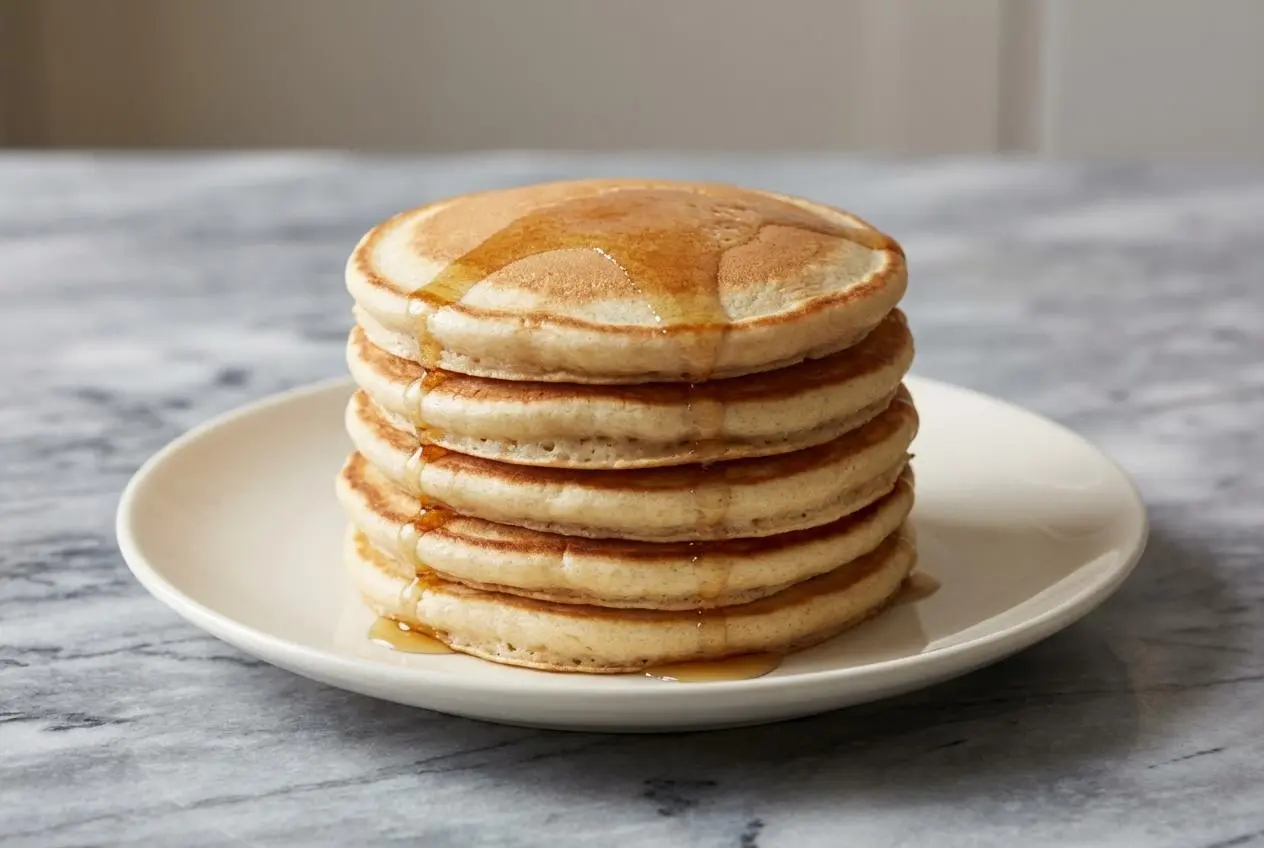 A tall, fluffy stack of protein vegan pancakes made with vegan buttermilk, topped with fresh berries and a drizzle of maple syrup.