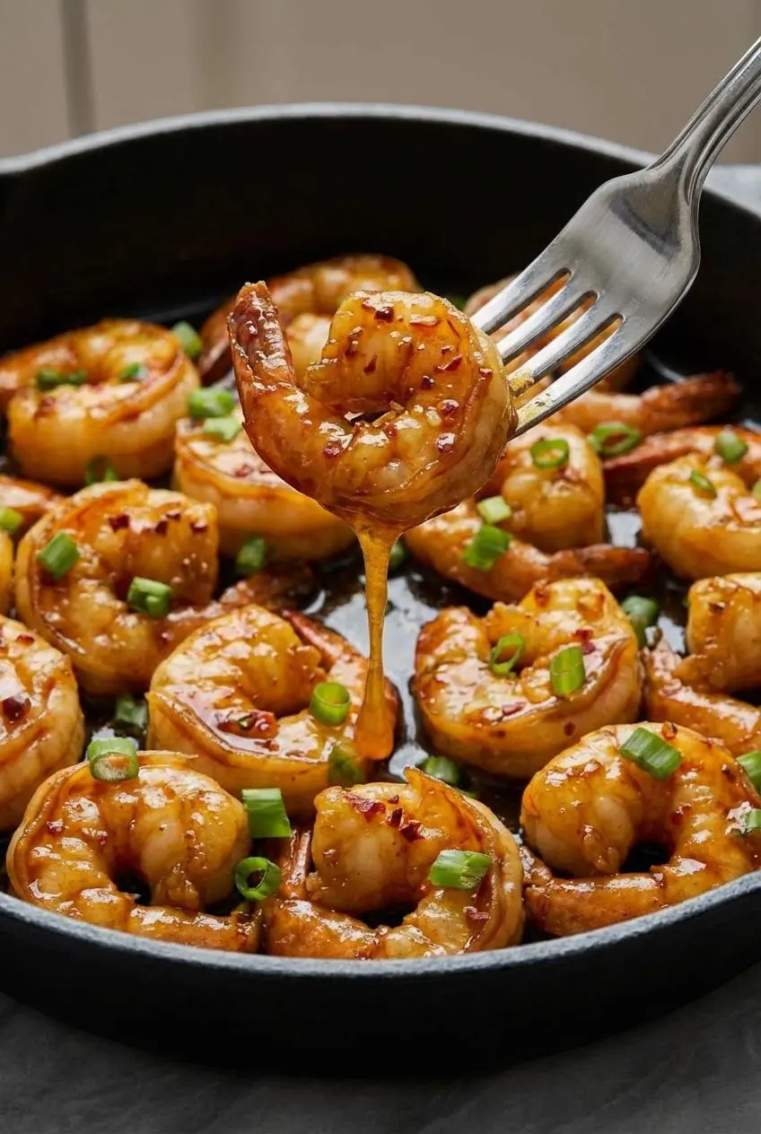 A close-up of high protein honey garlic shrimp being tossed in a pan, showing the thick, bubbling sauce reducing into a sticky glaze.