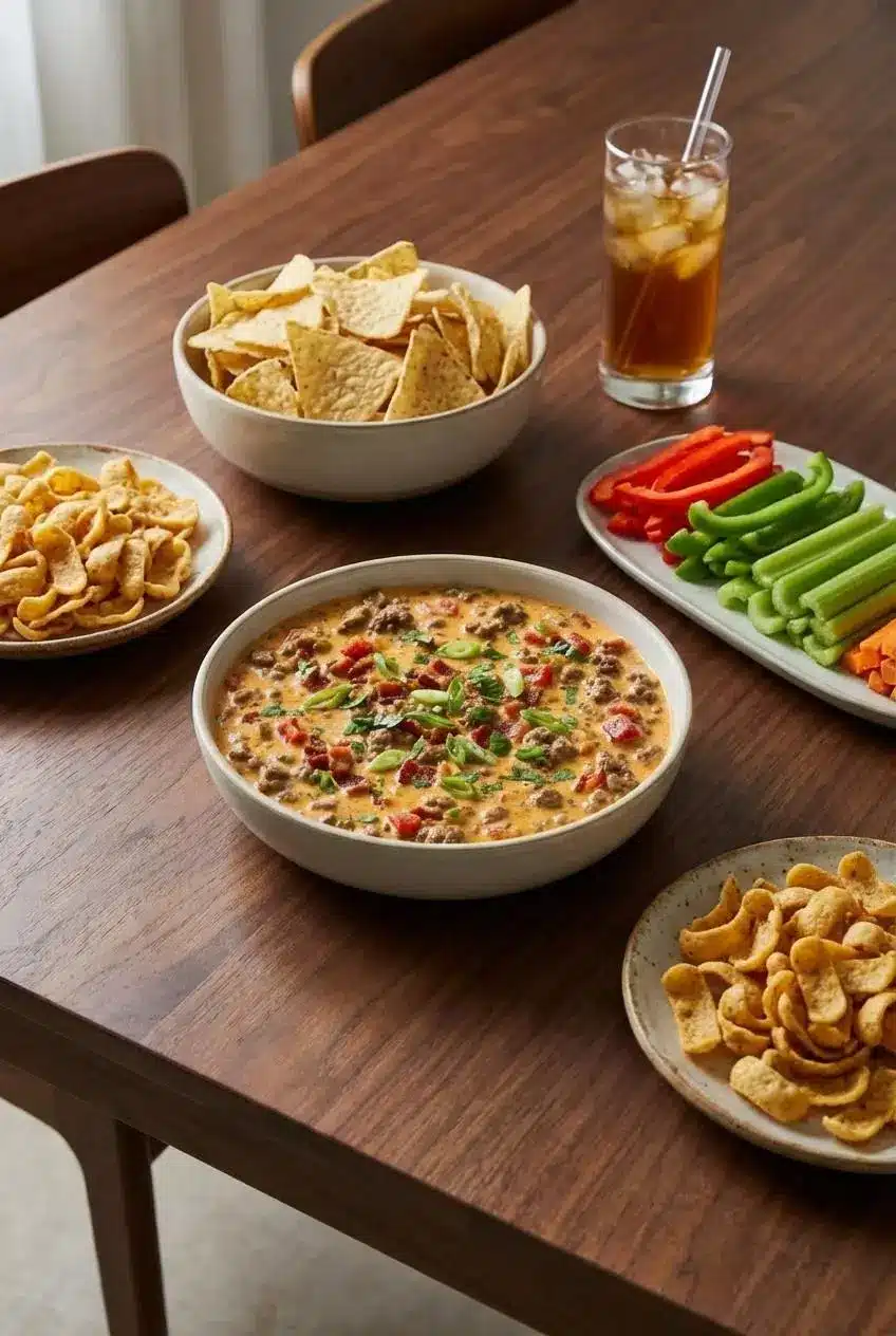 A bowl of our smoky rotel dip recipe ready to be served at a party, surrounded by a big bowl of tortilla chips for dipping.