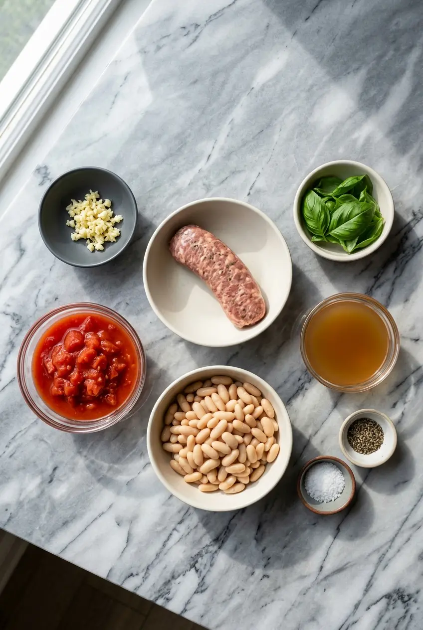 Ingredients for Sausage and White Bean Soup laid out, including Italian sausage, cannellini beans, kale, garlic, and a Parmesan rind.
