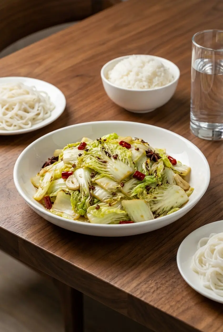 A serving bowl filled with spicy Cabbage Stir Fry, garnished with fresh scallions and ready to be enjoyed as a quick side dish.