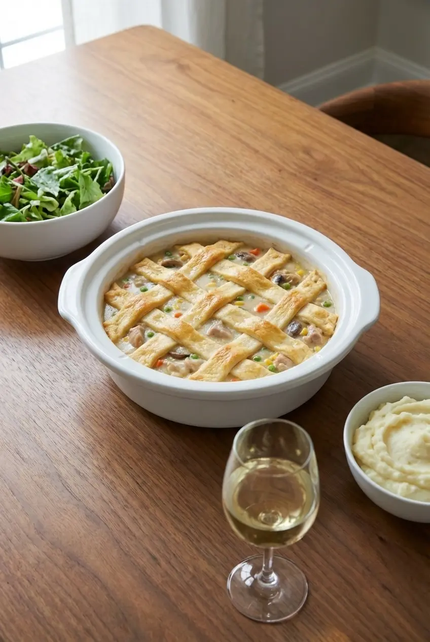 A single serving of creamy Crock Pot Chicken Pot Pie with a golden crescent roll topping in a blue bowl, ready to eat.