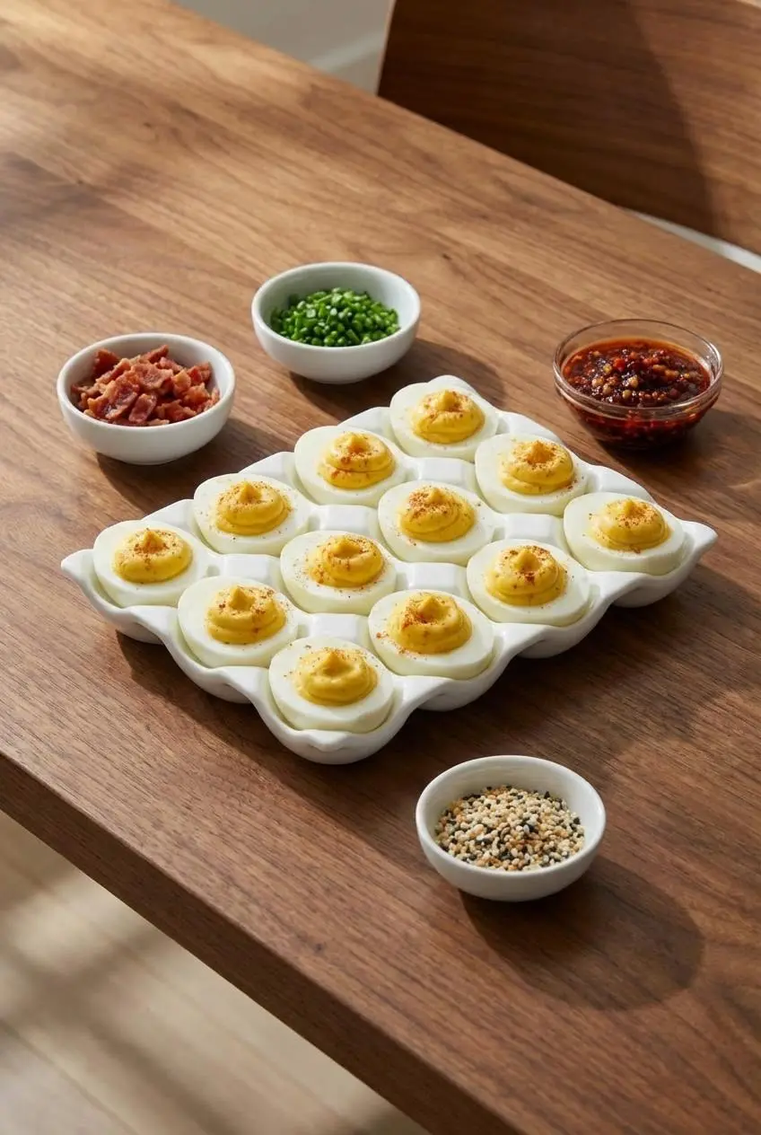 A deviled egg flight platter ready to be served, showcasing how to arrange the eggs and bowls of toppings for a party.