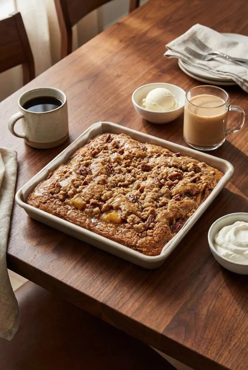 A slice of Apple Crisp Coffee Cake on a white plate with a fork, ready to be enjoyed as a cozy fall breakfast or dessert.
