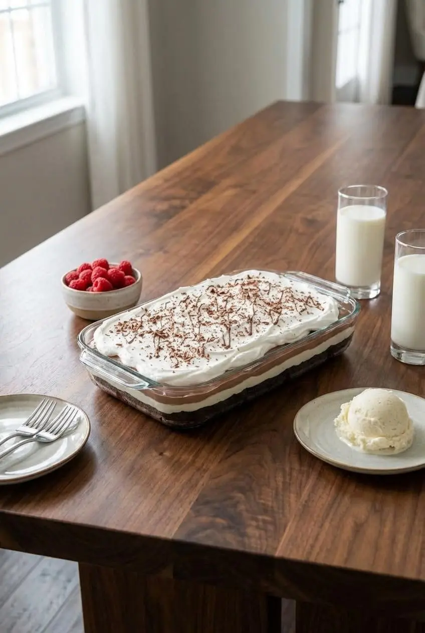 A slice of Brownie Refrigerator Cake on a spatula being lifted from a pan, garnished with delicate chocolate shavings.