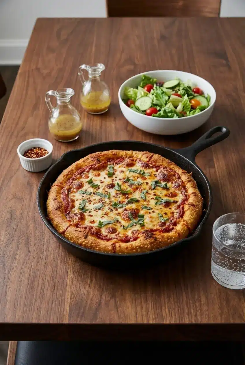 A slice of cheesy Cast Iron Skillet Pizza being lifted from the pan with a spatula, ready to be served for a casual dinner.