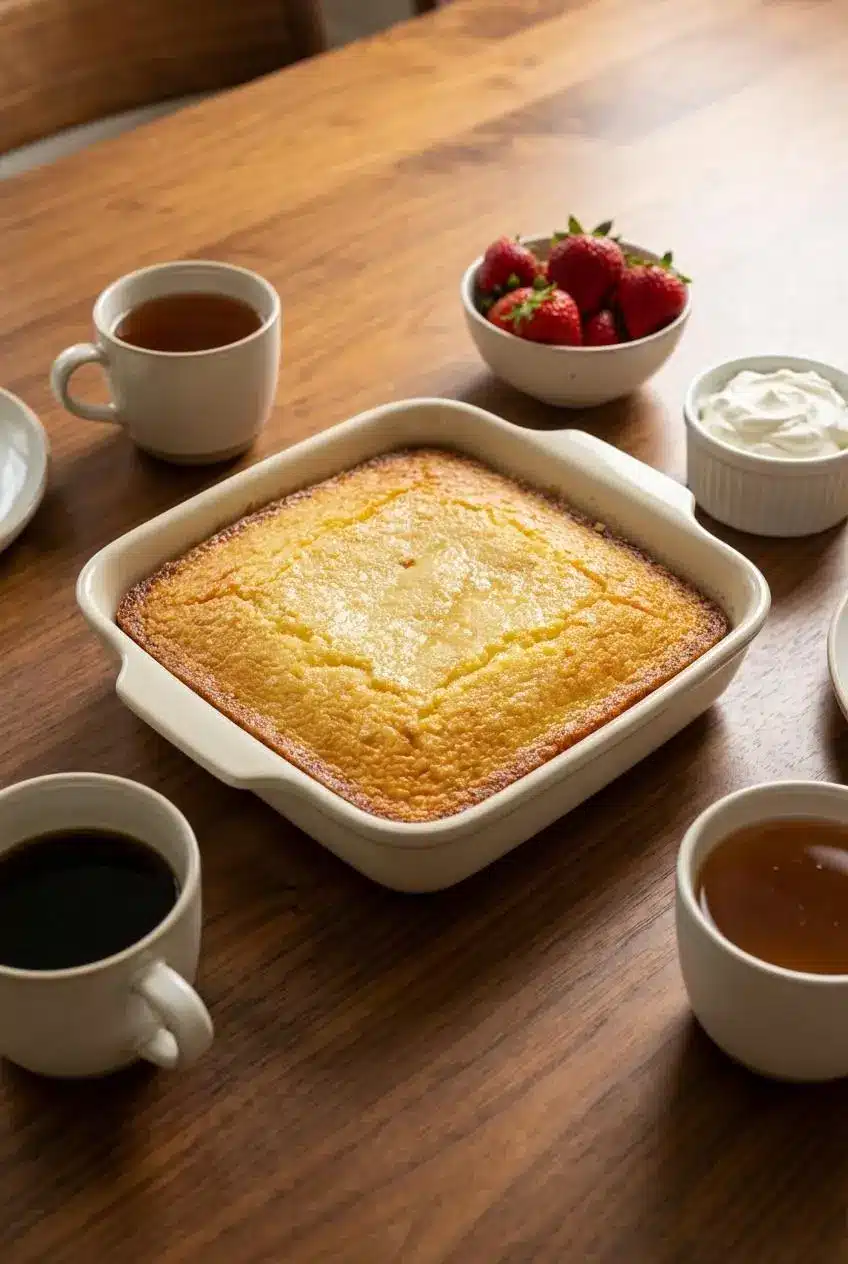 A slice of French Butter Cake on a small dessert plate, ready to be enjoyed with a cup of coffee for a simple treat.
