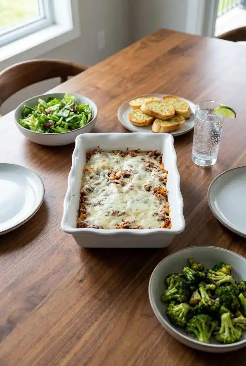 A square slice of high protein lasagna served on a white plate, perfect for a satisfying weeknight meal or meal prep.