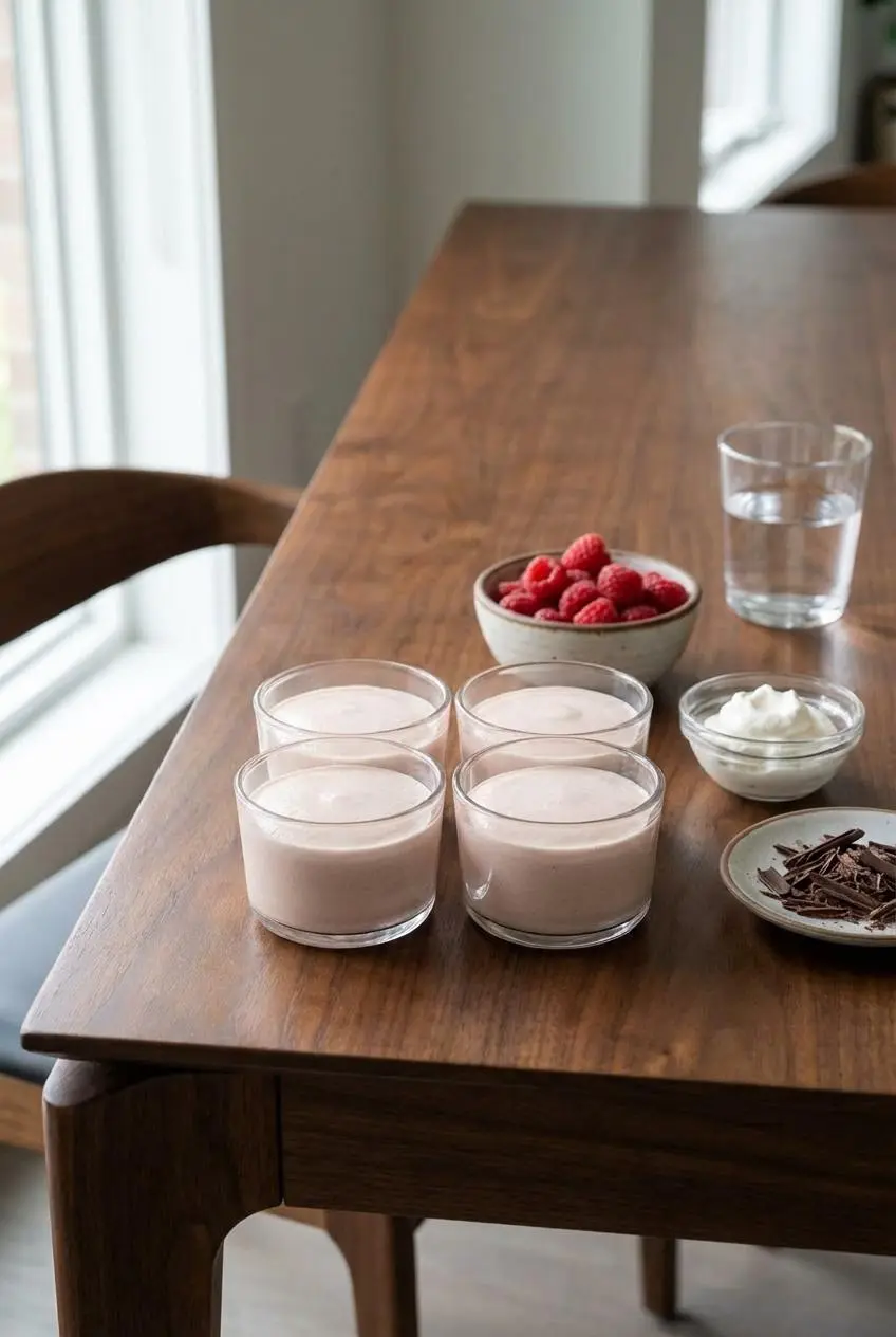 Two individual servings of pink High Protein Jello Mousse in glass ramekins, ready to be served as a healthy dessert.