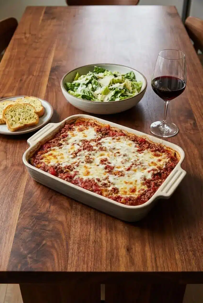 A single serving of keto zucchini lasagna on a white plate, showcasing its neat layers, ready to be enjoyed as a low-carb meal.