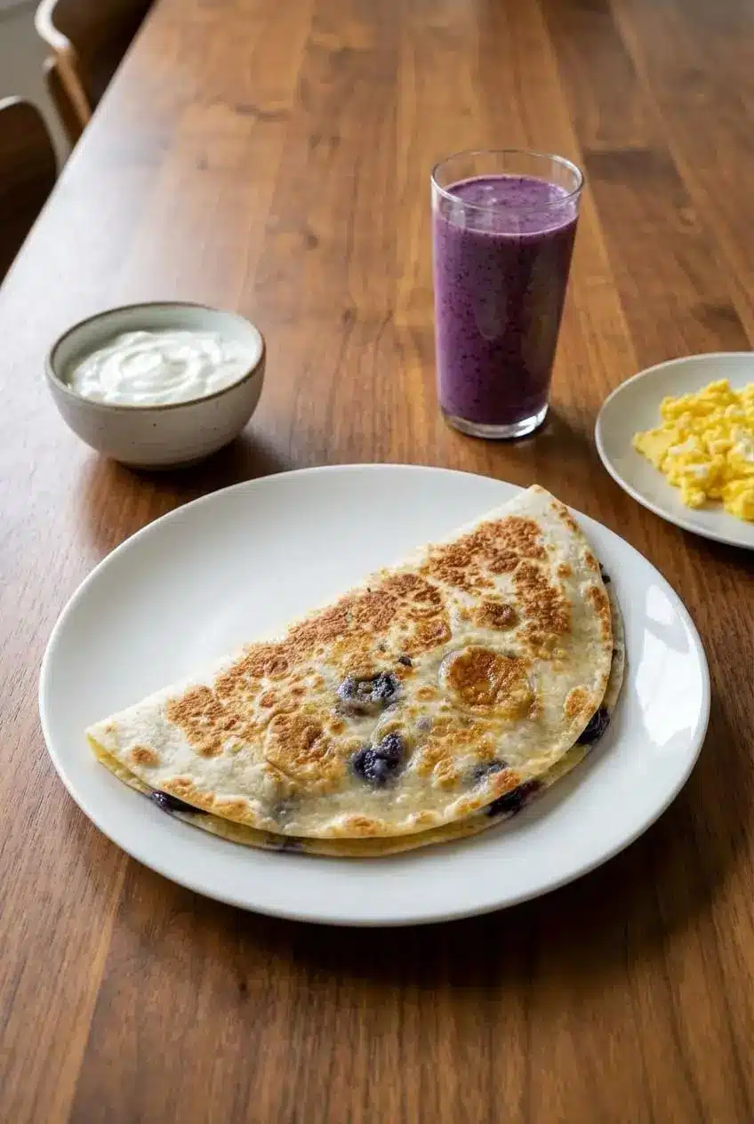 A blueberry breakfast quesadilla served on a white plate with a light drizzle of maple syrup, ready for an easy breakfast.