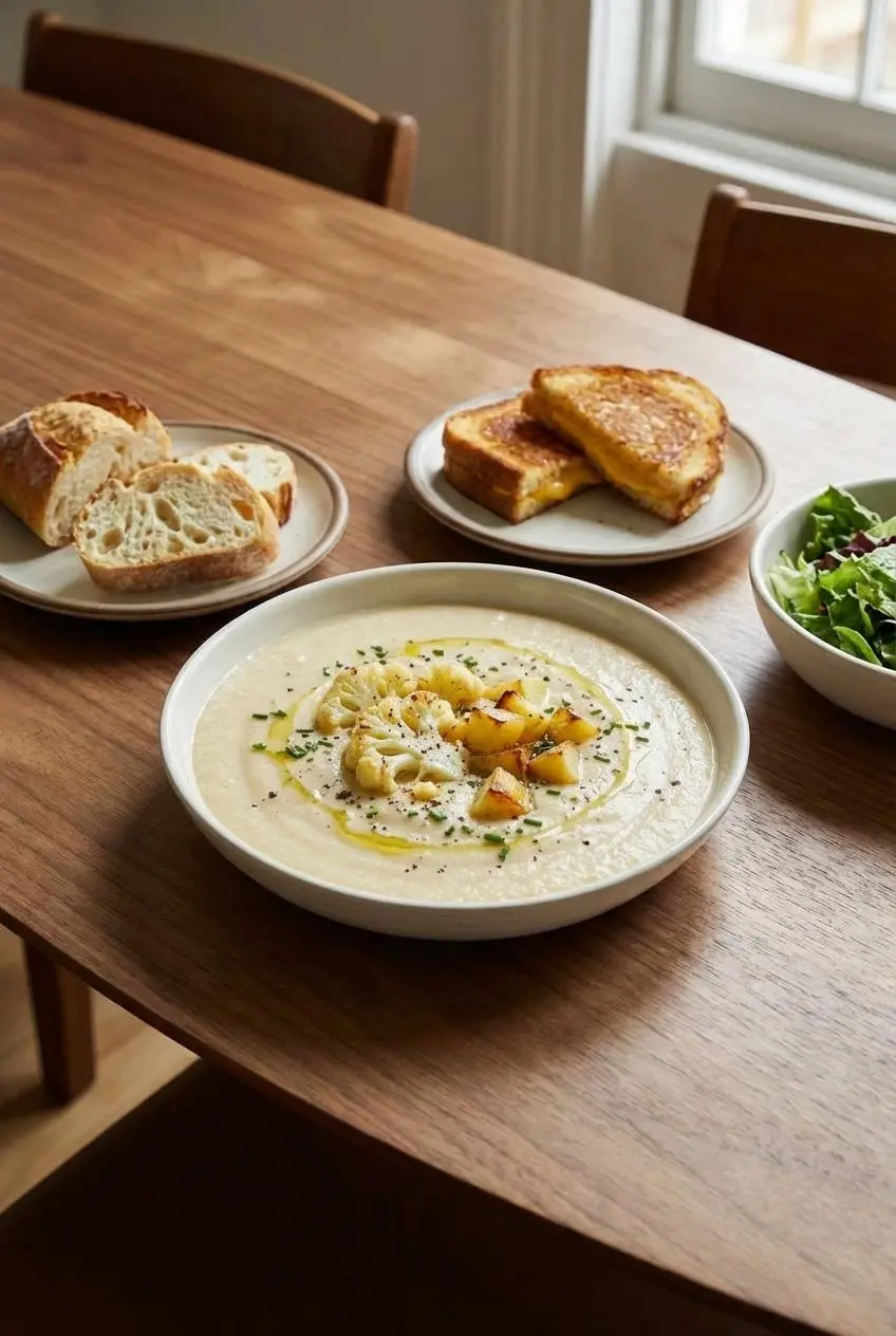 A cozy scene with a bowl of cauliflower and potato soup served with a side of crusty bread, ready for a comforting weeknight dinner.