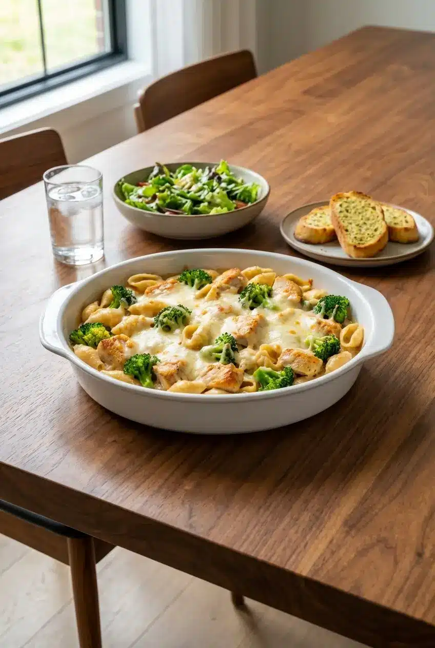 A serving of chicken and broccoli pasta bake on a white plate with a fork, ready to be enjoyed as a weeknight dinner.