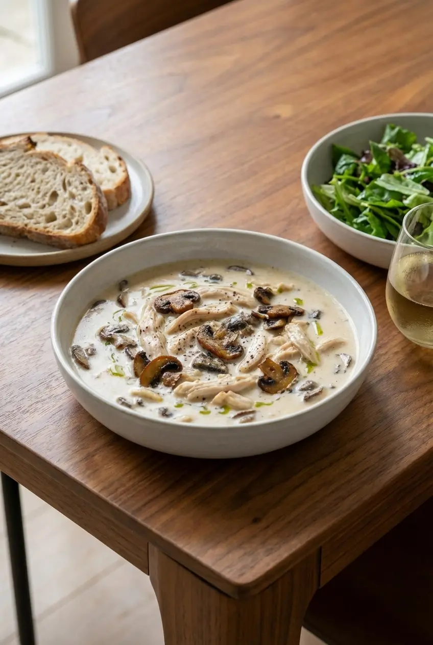A bowl of chicken and mushroom soup served on a dinner table with a side of crusty bread, ready for a cozy weeknight meal.