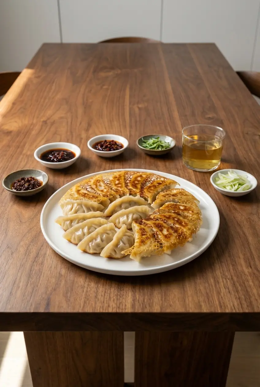 A platter of finished potstickers recipe with the crispy skirt intact, garnished with scallions and served with a dipping sauce.