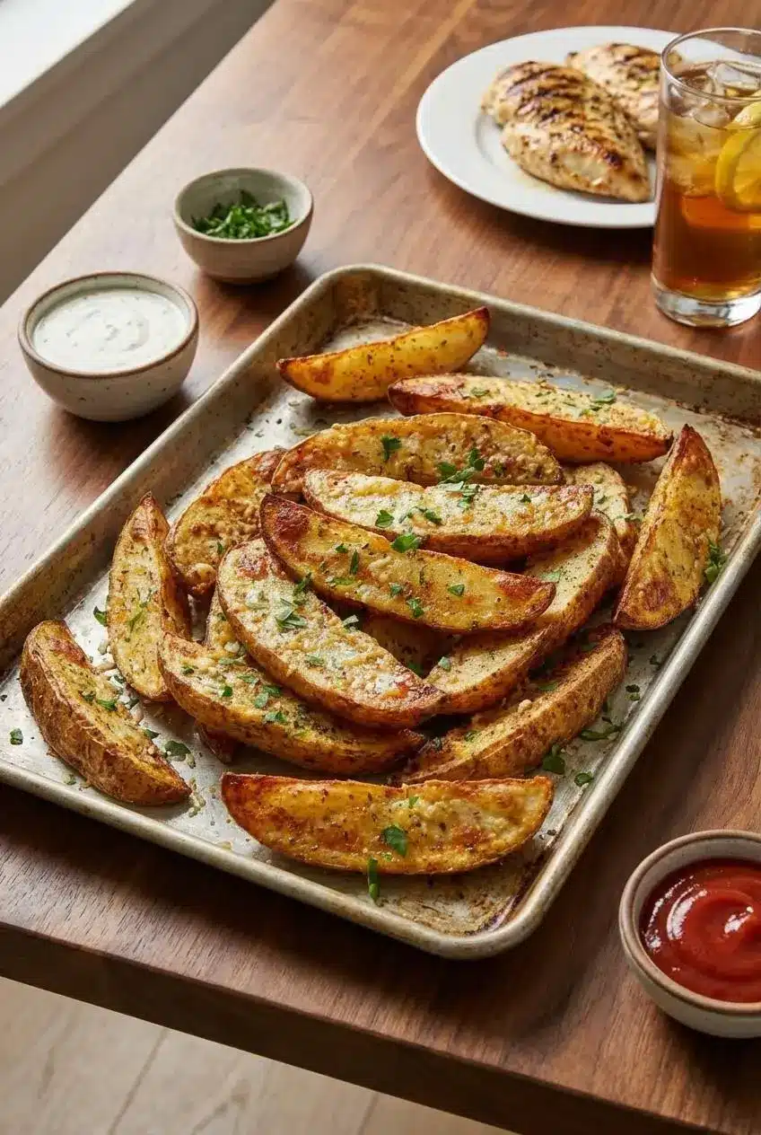 A basket of Crispy Garlic Parmesan Potato Wedges served with a small bowl of creamy ranch dressing for dipping.