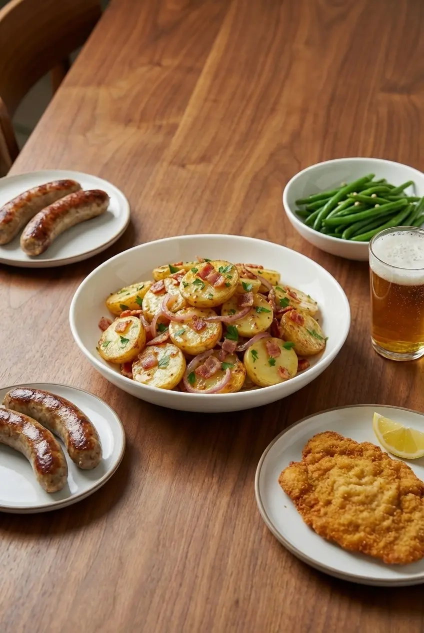A serving of warm German Potato Salad on a white plate, ready to be enjoyed as part of a cozy dinner.