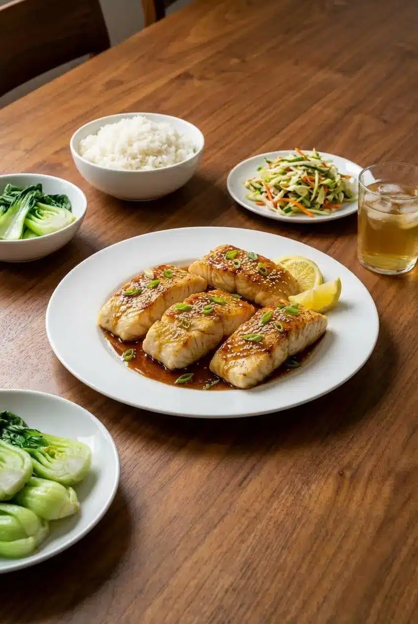 A serving of ginger soy glazed cod on a plate with steamed rice and stir-fried vegetables, ready for a healthy weeknight dinner.