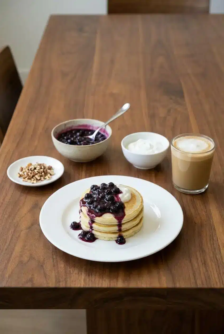 A plate of Greek yogurt pancakes with blueberry compote, ready to be served for a healthy meal prep breakfast.