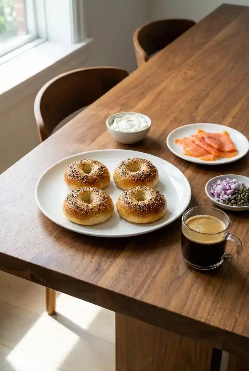 A fresh high protein cottage cheese bagel served on a plate with cream cheese, perfect for a high-protein breakfast.