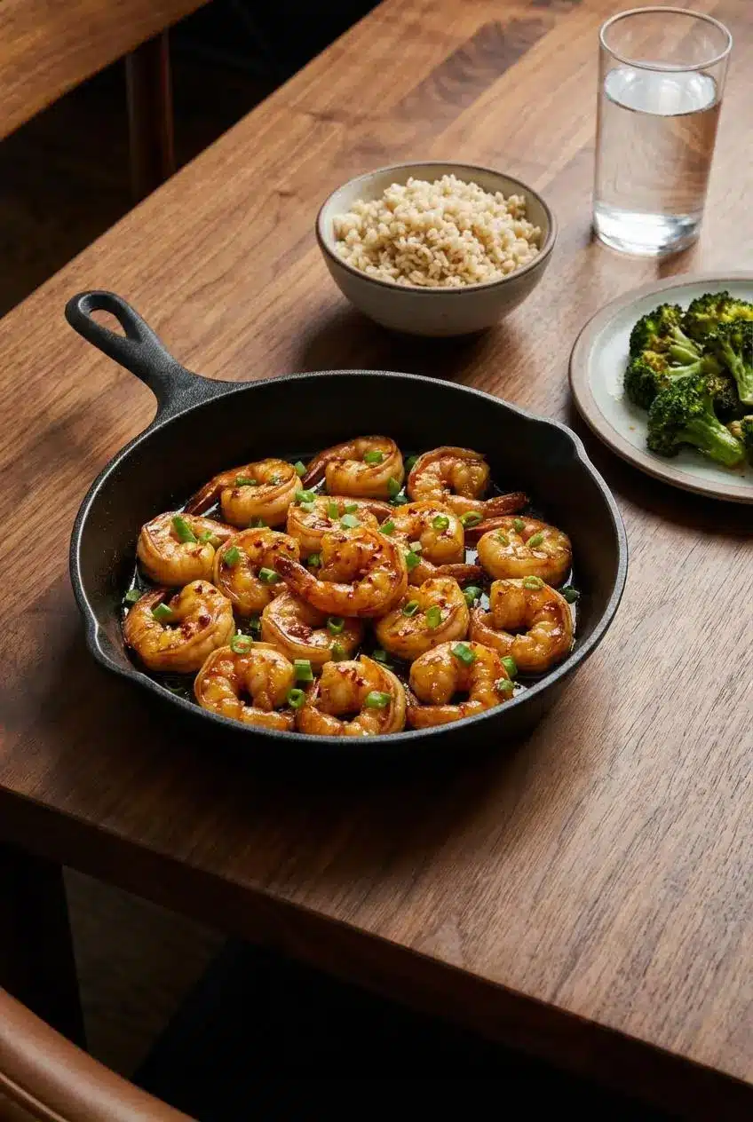 A serving of high protein honey garlic shrimp over white rice with steamed broccoli in a bowl, ready for a healthy dinner.