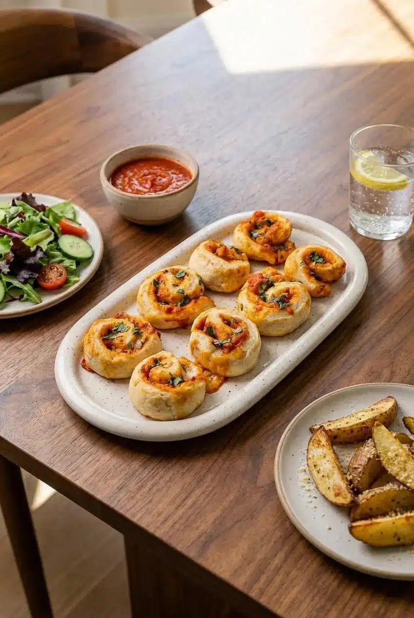 A platter of high protein pizza rolls served with a small bowl of marinara sauce for dipping, ready to be shared as a snack.