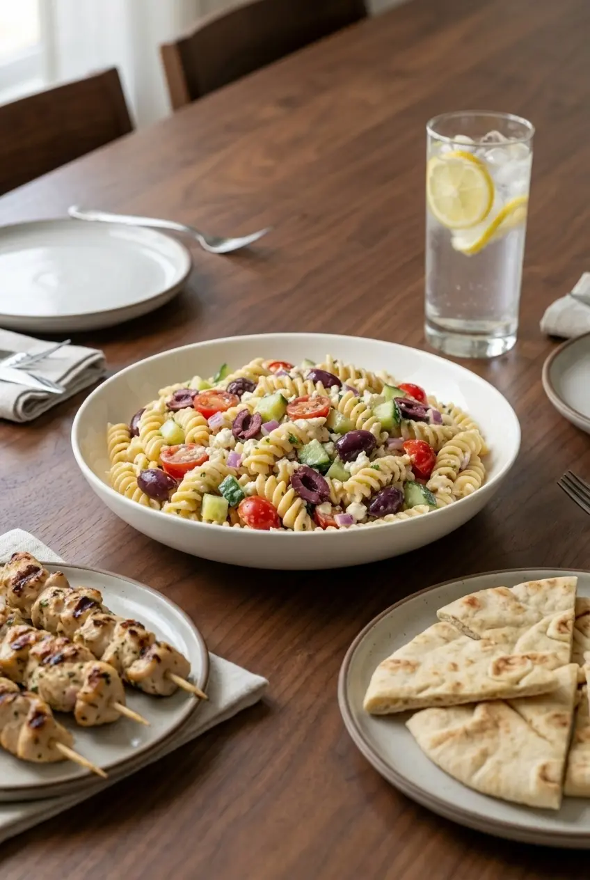 A large serving bowl of Mediterranean pasta salad set on a table, ready to be served at a casual summer gathering.