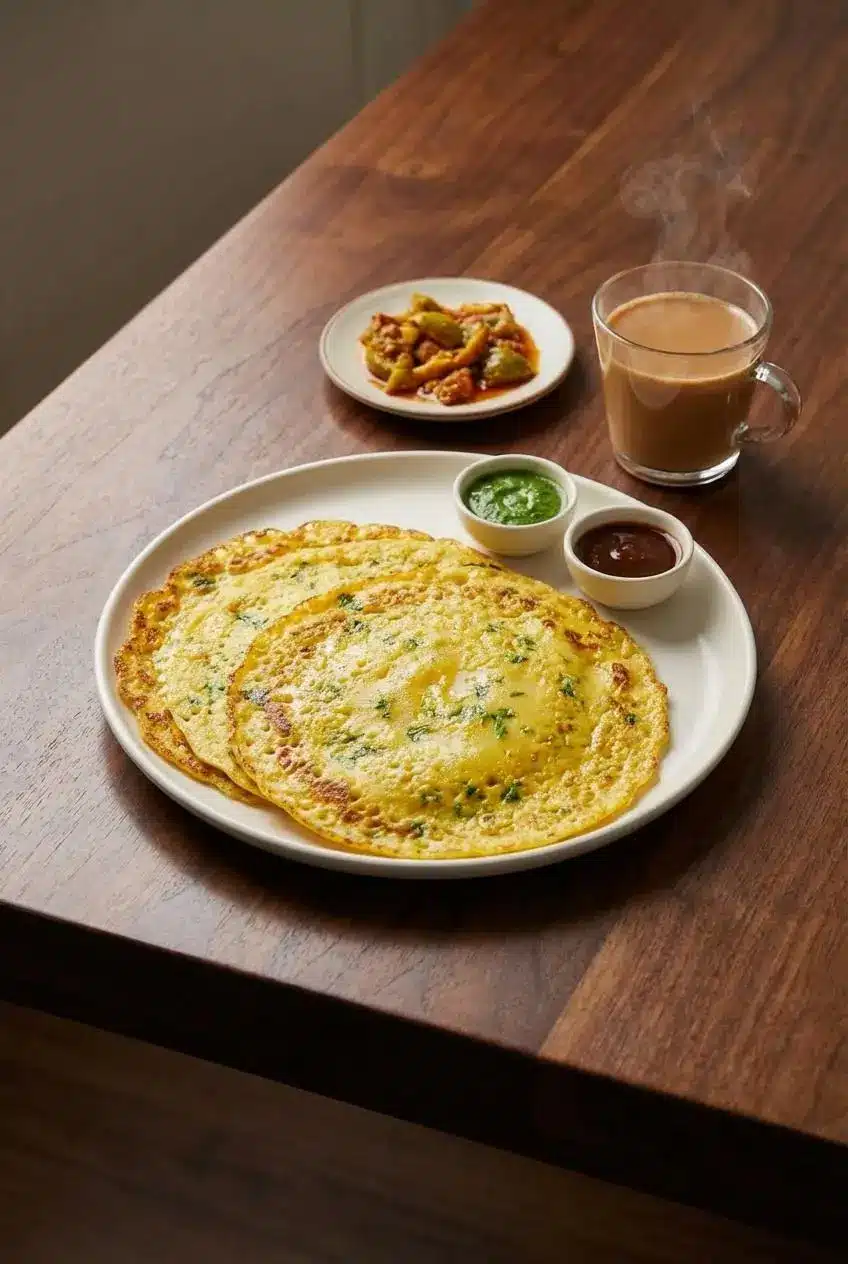 A stack of folded Moong Dal Chilla Recipe served with a side of fresh green chutney, ready for a healthy Indian breakfast.