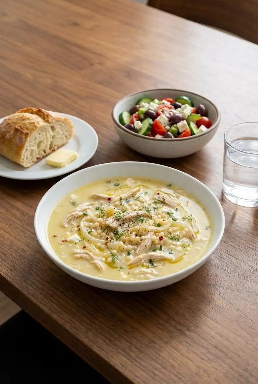 A ladle serving a generous portion of Greek Lemon Chicken Soup from a large Dutch oven into a ceramic bowl, ready for a meal.