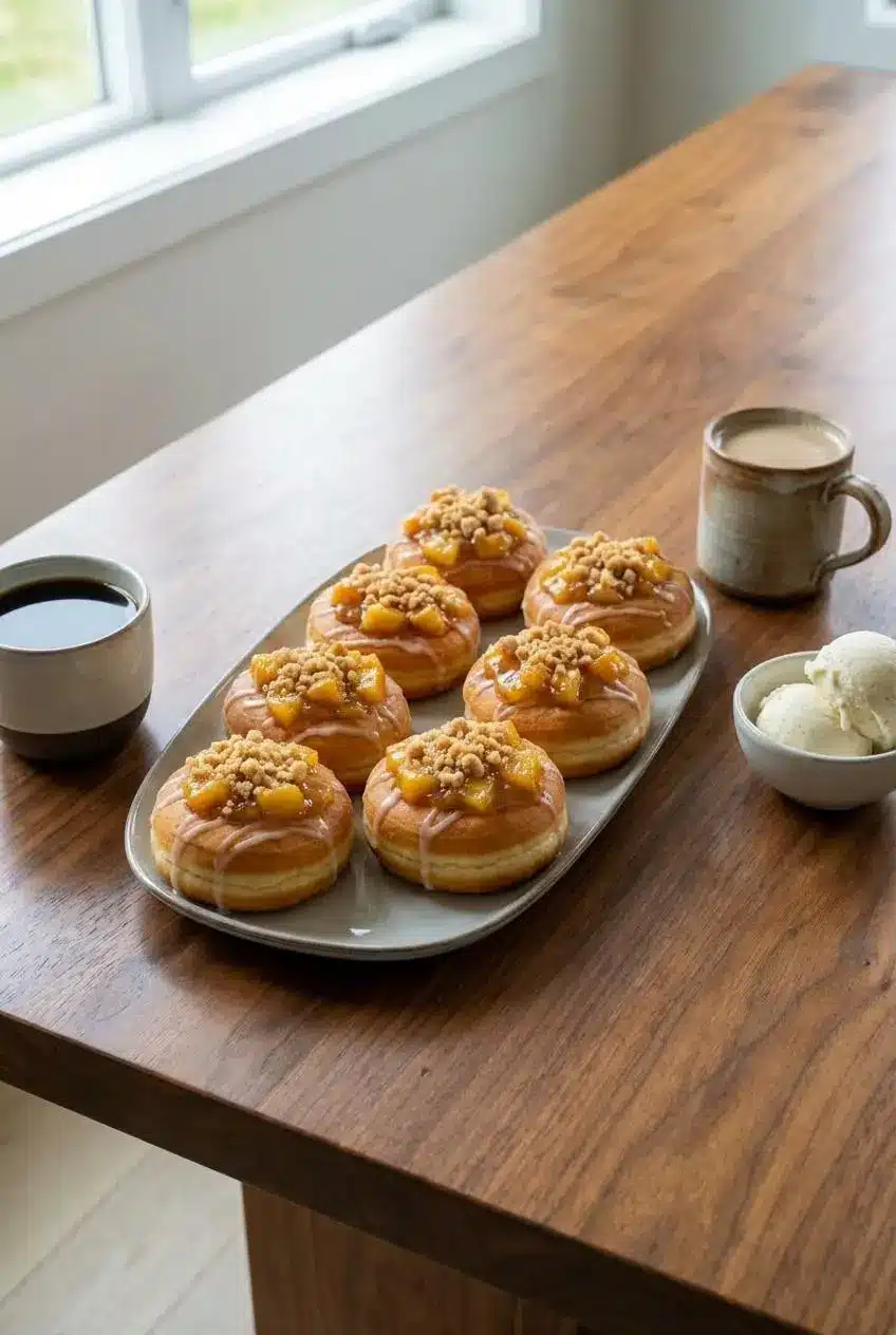 A platter of Classic Peach Cobbler Cheesecake Donuts beautifully arranged on a wooden board, ready to be served for a party.