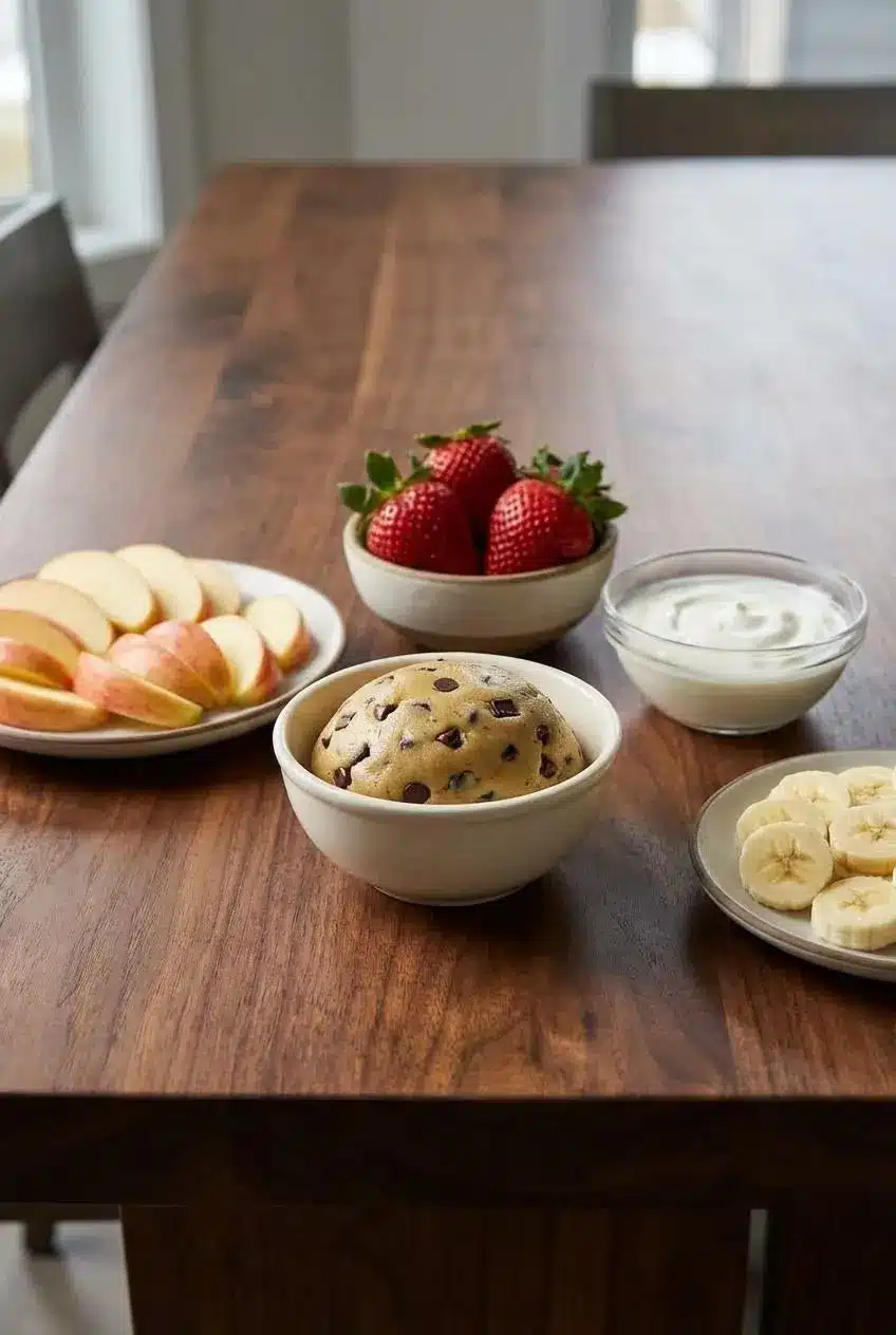 A small glass jar filled with protein cookie dough recipe, ready for meal prep or as a healthy dessert snack.