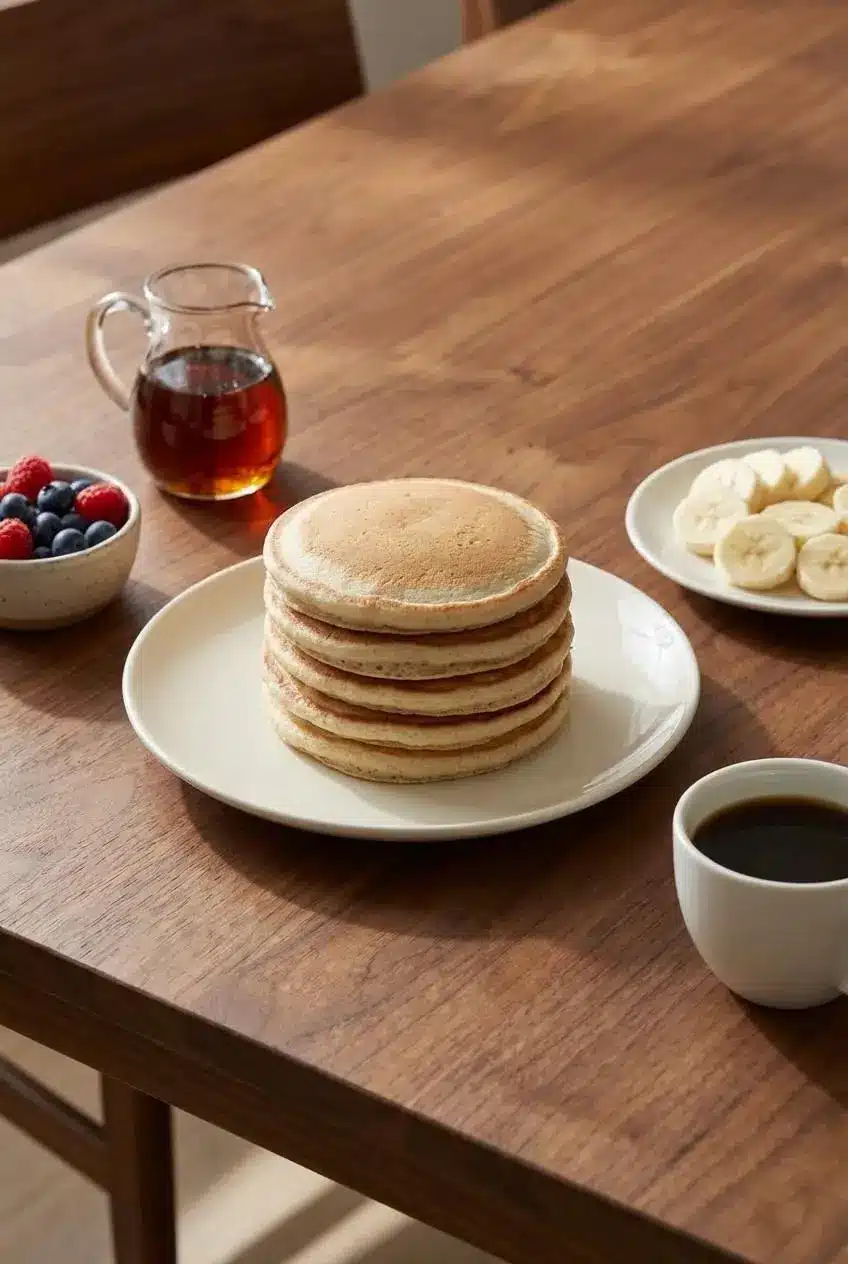 A stack of protein vegan pancakes on a plate next to a cup of coffee, ready to be enjoyed for a cozy weekend brunch.