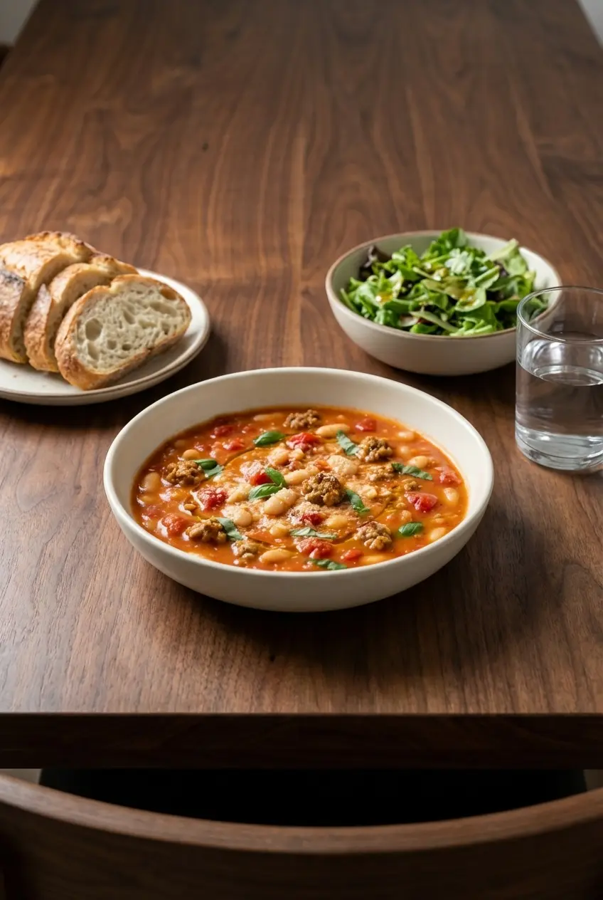 A cozy table scene with a hearty serving of Sausage and White Bean Soup in a bowl next to a slice of crusty bread.