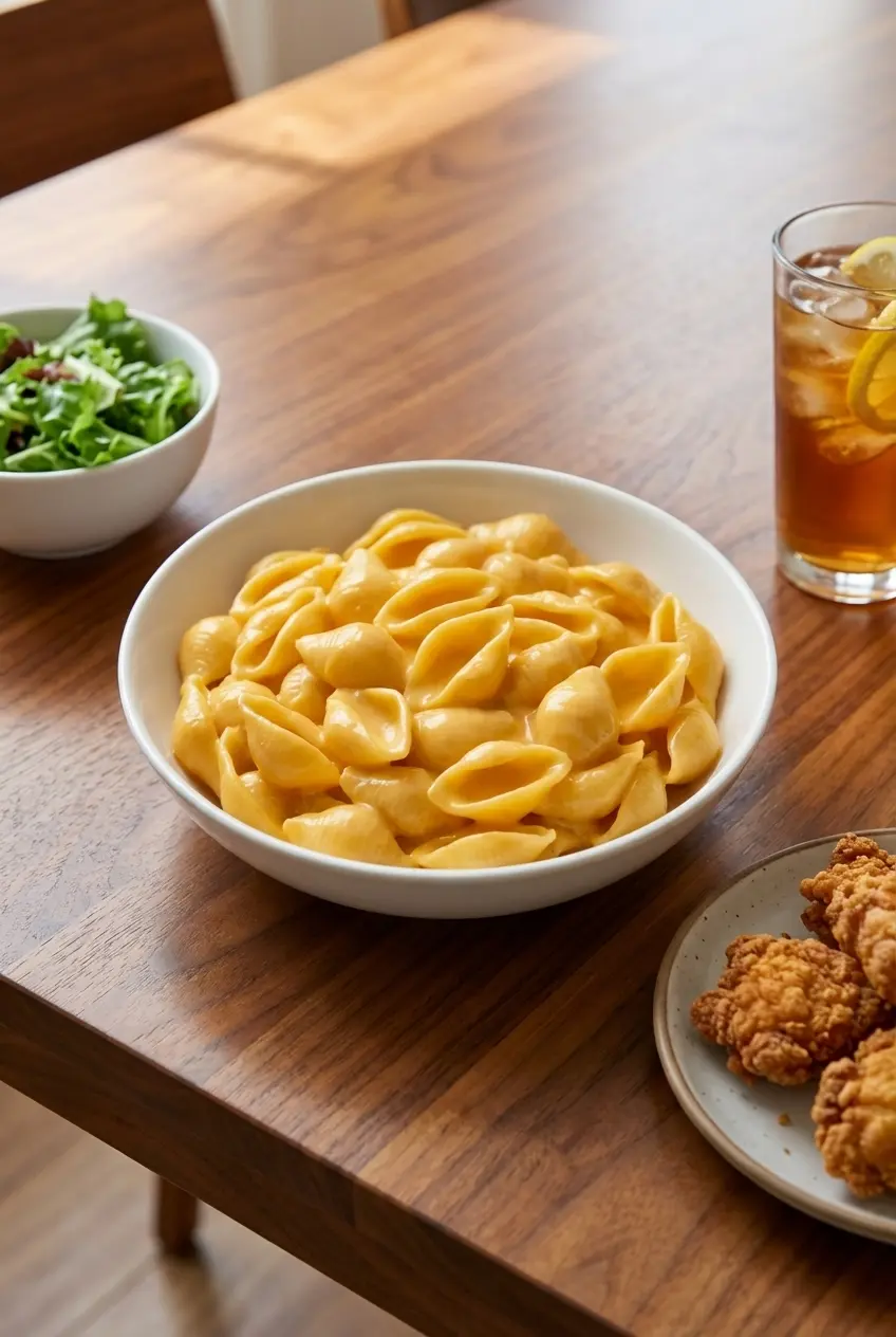 A single serving of homemade Shells and Cheese in a blue bowl set on a wooden table, ready for a cozy weeknight dinner.