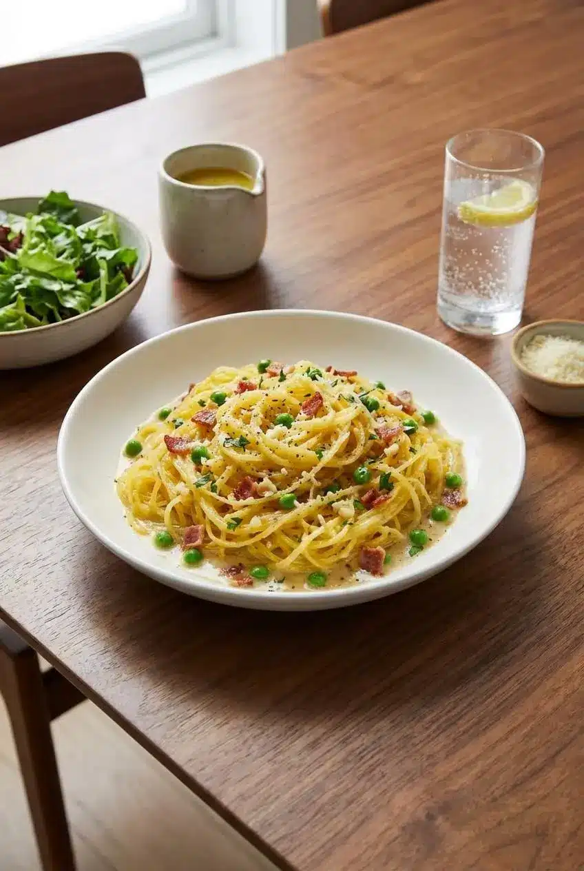 A dinner setting with a large serving bowl of spaghetti squash carbonara being portioned into a smaller bowl, ready to be enjoyed.