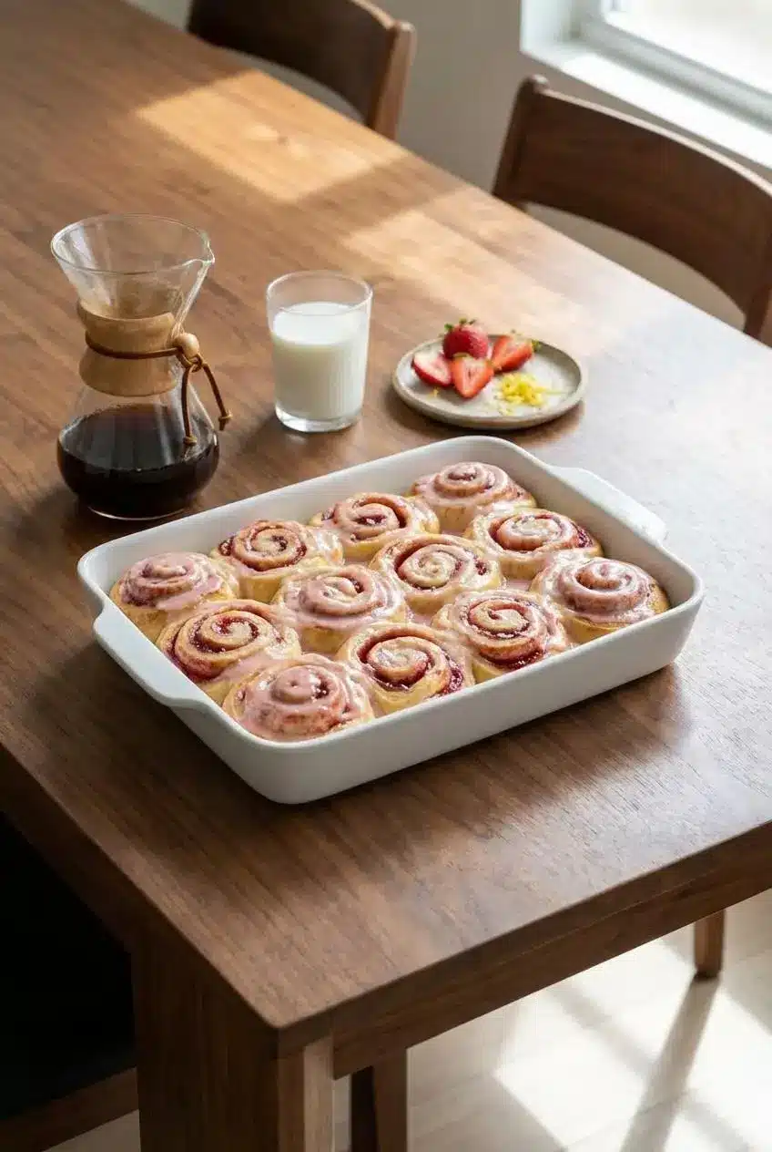 A single Strawberry Cheesecake Sweet Roll on a white plate, drizzled with cream cheese glaze and ready to be served for brunch.