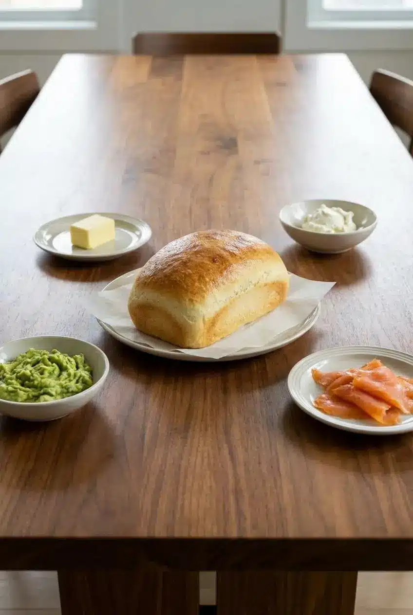 A thick slice of zero carb yogurt bread on a plate, generously spread with butter, ready for a keto breakfast.